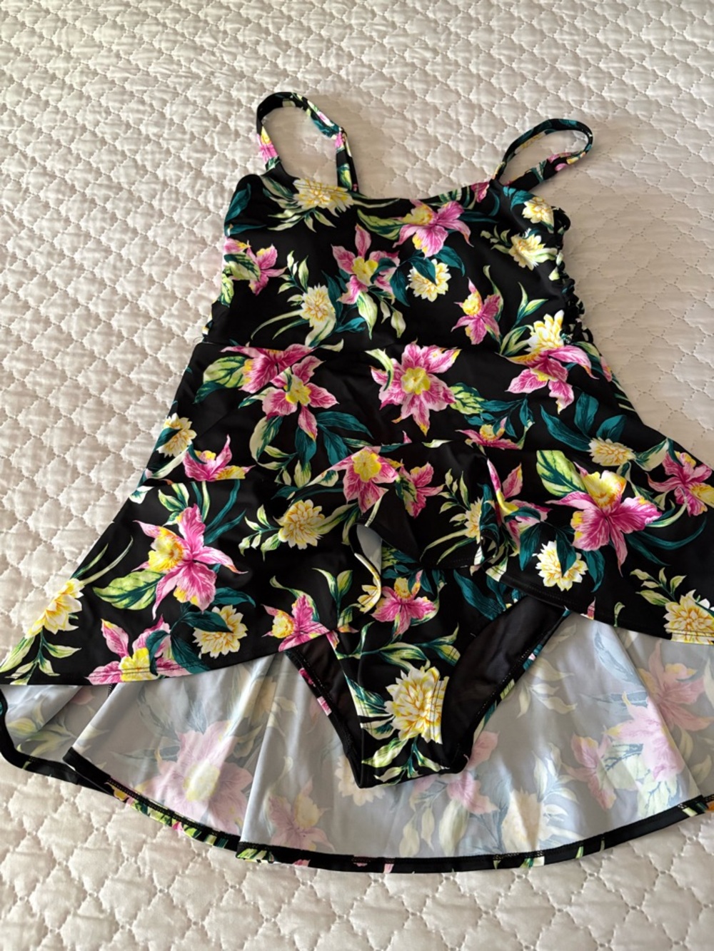 Black Floral A-Line swimsuit with Pink & Yellow Flowers - Picture 2 of 4